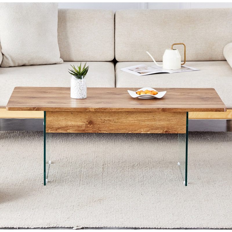 43.3-inch coffee table with height-adjustment function (with storage space) combines rustic style with tempered glass, space-saving design, multiple color options, suitable for living room and office, Natural Wood