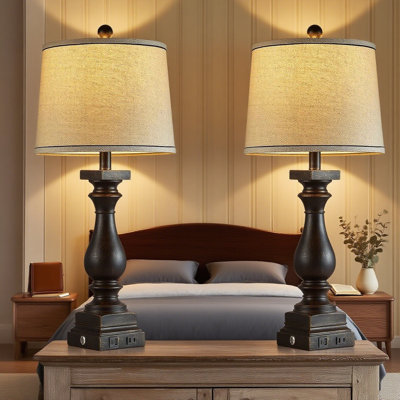 Farmhouse Table Lamp With USB C+A Ports And AC Outlet, 3-Way Touch Control Dimmable Bedside Lamp For Bedroom Living Room Office