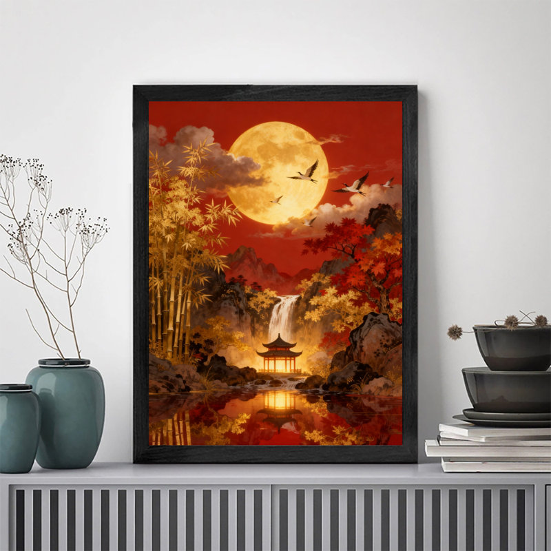 Reproduction d'art encadré noir, paysage chinois rétro, art mural, H 25 po x l 17 po