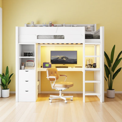 Lit mezzanine en bois avec bureau en forme de U, lumières DEL RVB intelligentes et ports USB, canapé-lit multifonctionnel à 3 tiroirs et tablettes de rangement pour adolescents
