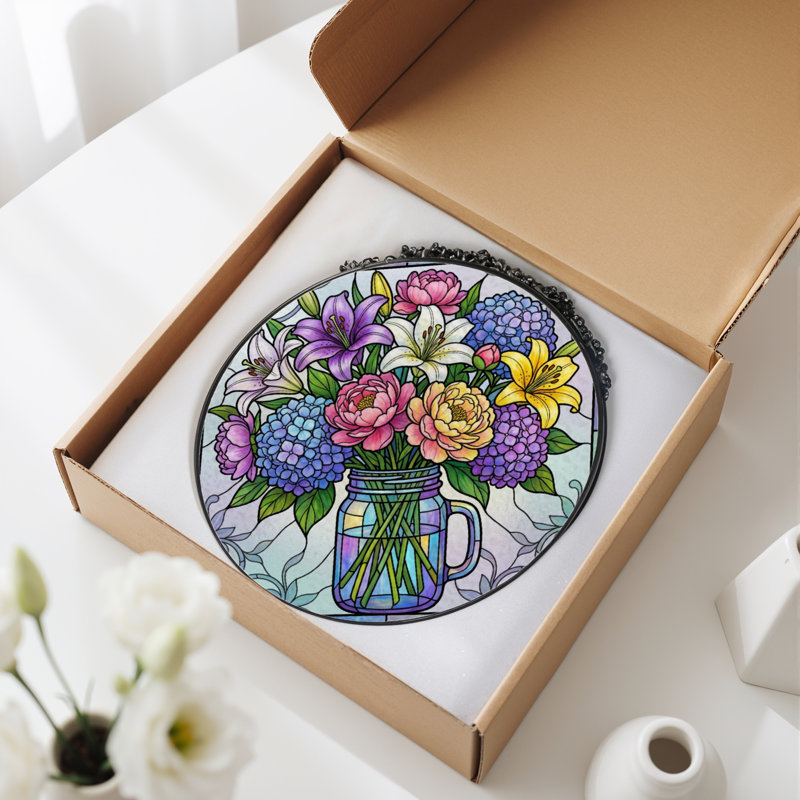 Panneau de vitrail d'arrangement floral 12 po H, H 12 po x l 12 po