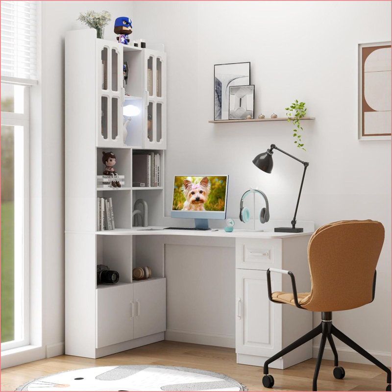 L-Shaped Corner Computer Desk with Drawers, Bookshelf and Hutch, Black, 76.77'' H X 55.12'' W X 31.5'' D