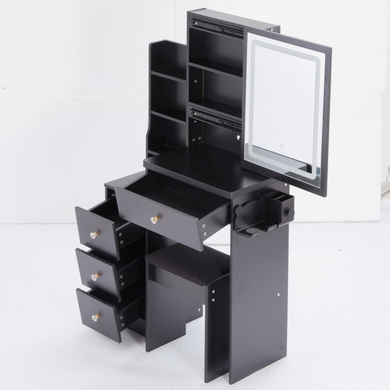 Small Size Left Drawer Desktop Vanity Table + Cushioned Stool, 2 AC+2 USB Power Station, Hair Dryer Bracket, Extra Large Touch Control Sliding LED Mirror, Tri-Color Switching, EPA,GCC,UL Certificate