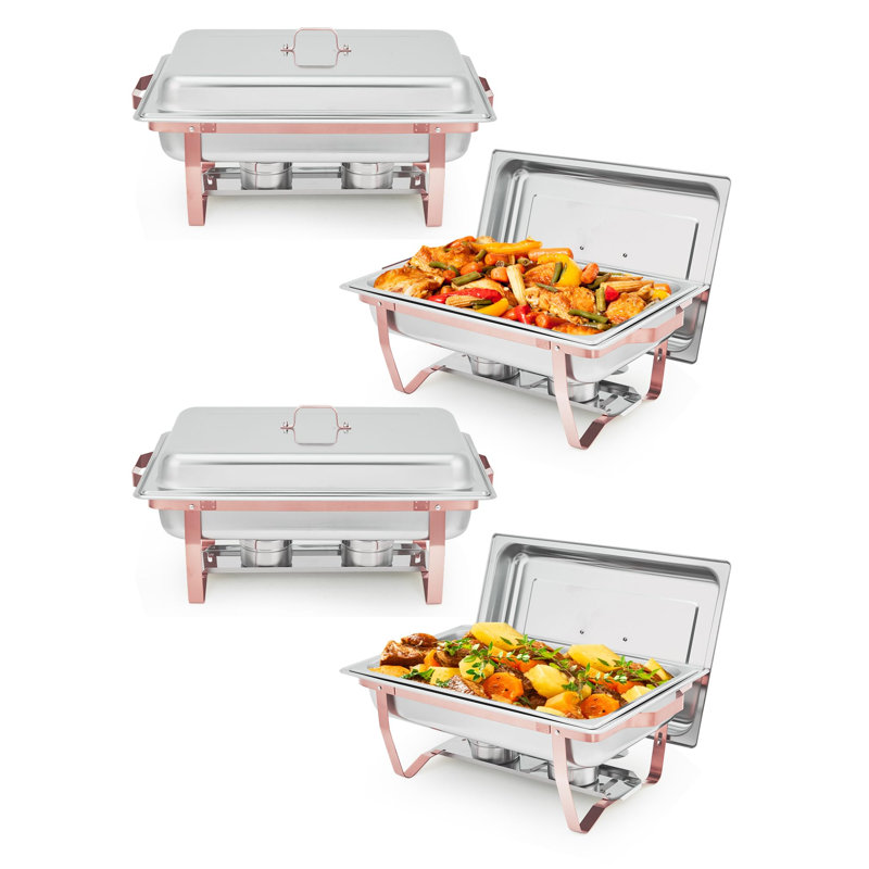 Ensemble de 4 réchauds à buffet avec couvercle et cadre pliable, acier inoxydable, or rose