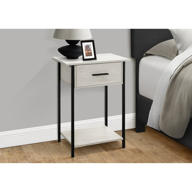 Table d'appoint moderne avec tiroir - Stratifié en chêne délavé et rangement latéral contemporain en métal noir