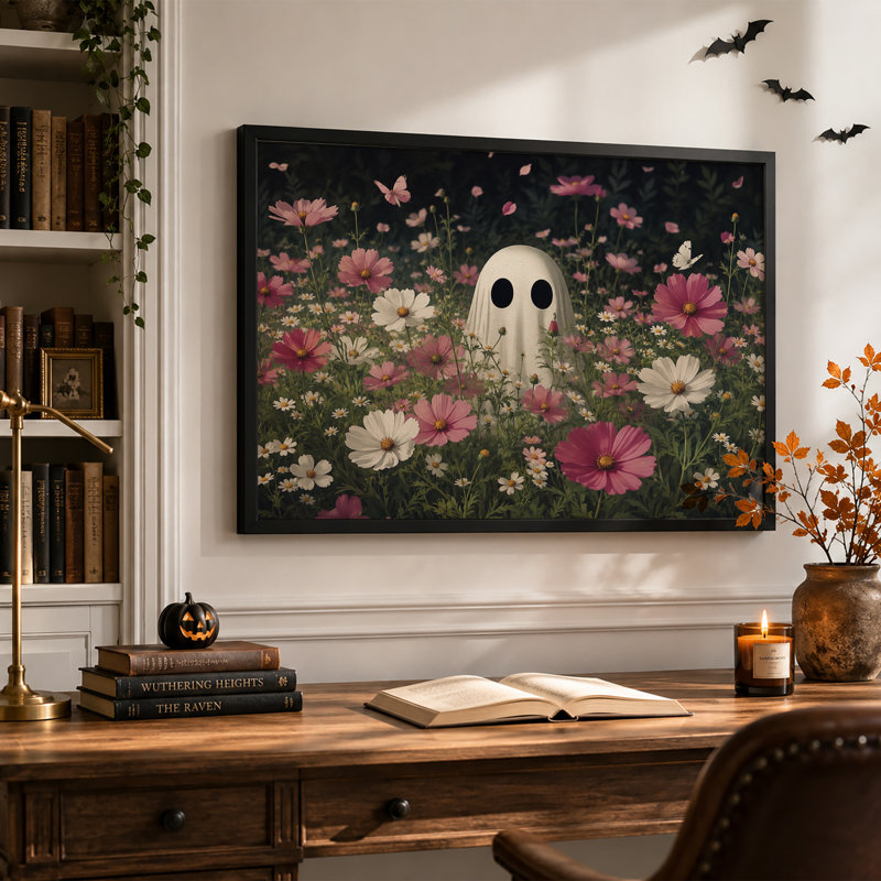 Art mural sur toile Halloween blanc fantôme dans un champ de cosmos rose et blanc, H 24 po x l 36 po