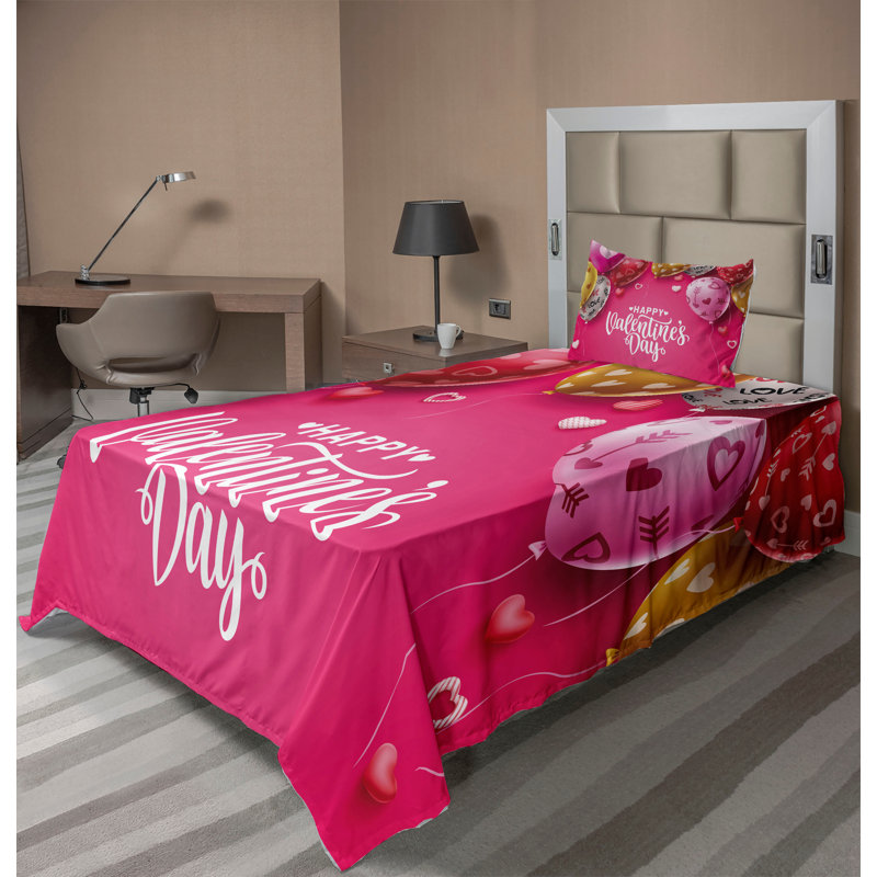 Ambesonne Valentines Day Sheet SetLove Pattern Balloon Hot Pink Ginger, Twin Sheet Set with 1 Pillowcase