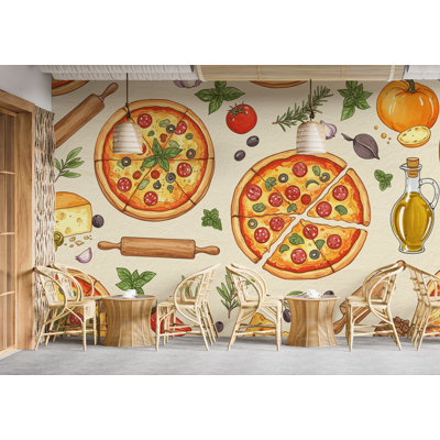 Vintage Pizzeria Wallpaper – Italian Pizza Wall Mural With Rustic Food Illustrations, Kitchen Decor Fabric Restaurant Mural 679RS (Peel-N-Stick) RS679