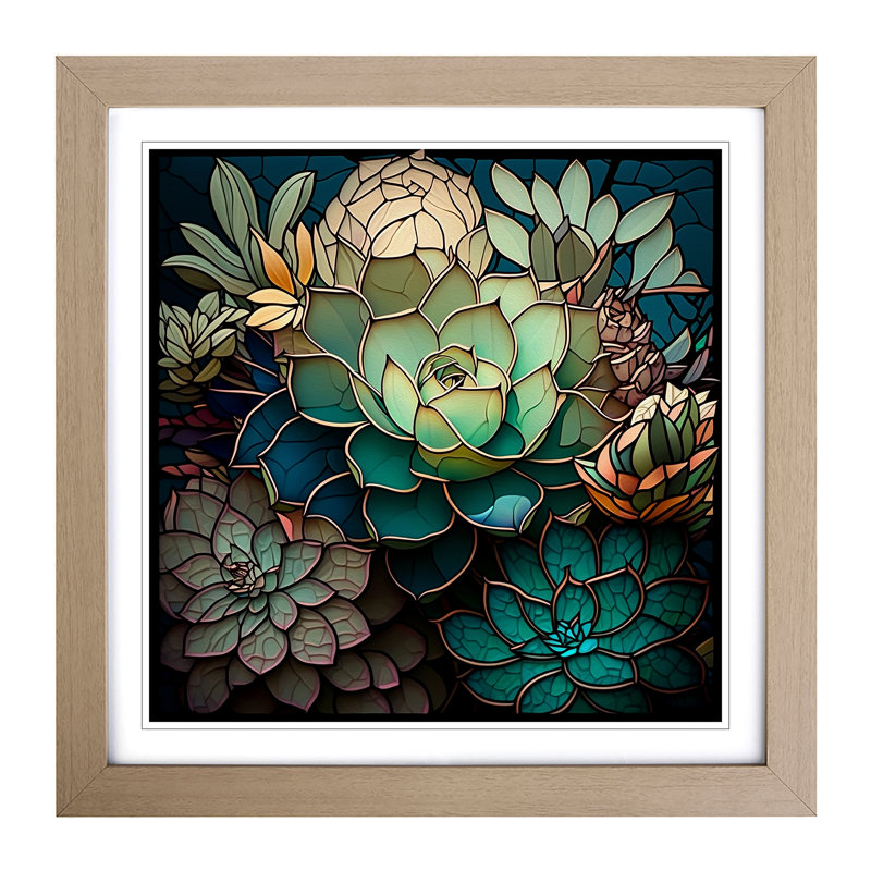 Succulent Stained Glass Effect - Single Picture Frame Print on Wood, Oak
