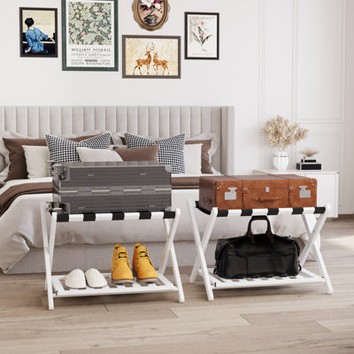 Ensemble de 2 valises pliantes pour valises, porte-bagages en bois avec tablette de rangement pour chambre d'amis et chambre à coucher, blanc