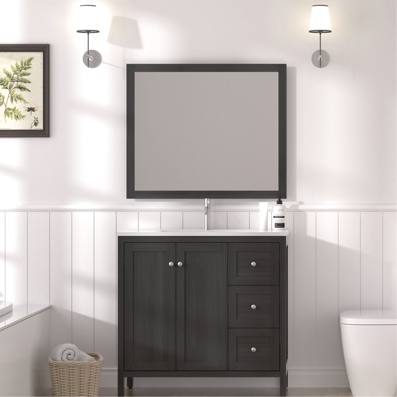 Meuble-lavabo de salle de bain de 90 cm (35,5 po), fini noir, lavabo en résine, 3 tiroirs, portes à fermeture amortie, structure en contreplaqué avec protection contre les éclaboussures, construction durable