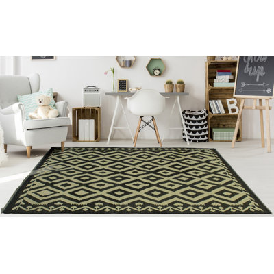 Tapis ivoire / noir en laine noué à la main de conception unique 4 pi 10 po x 6 pi 8 po Jameelah
