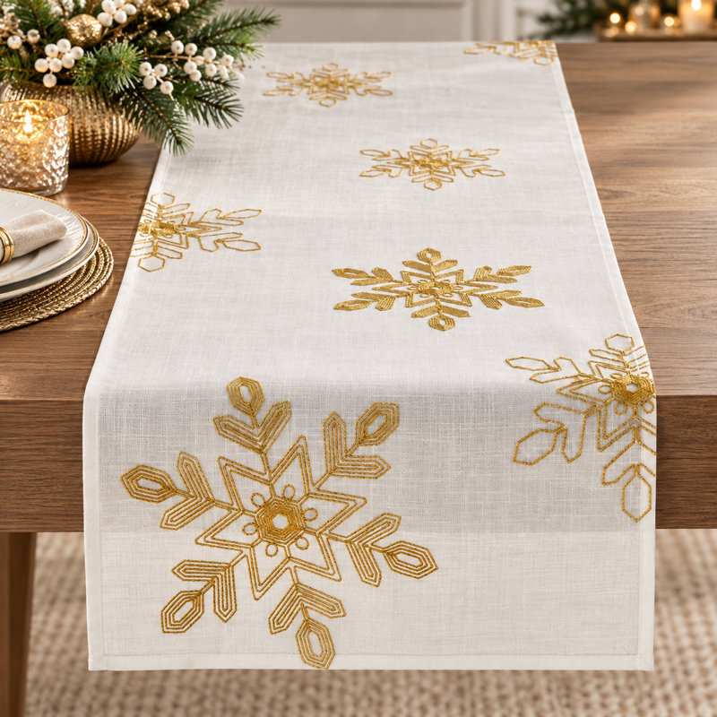 Embroidered Snowflake Holiday Table Runner, 120" L x 16" D, Gold