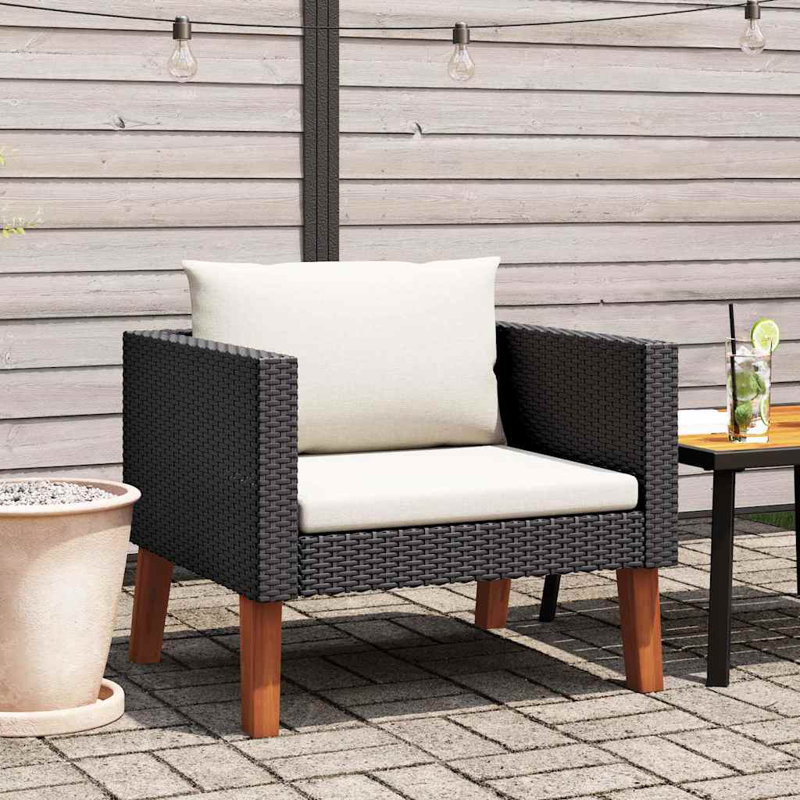 Canapé de patio simple vidaXL, structure en poly rotin et acier thermolaqué, résistant aux intempéries, coussins inclus, mobilier d'extérieur modulaire léger, facile à nettoyer, noir avec coussins blanc crème