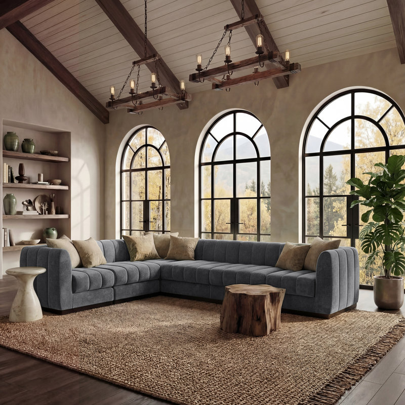 Myrhn 6-Piece Chenille Modular Sectional, Large L-Shaped Deep Seat Sofa With Wood Base, Gray Chenille