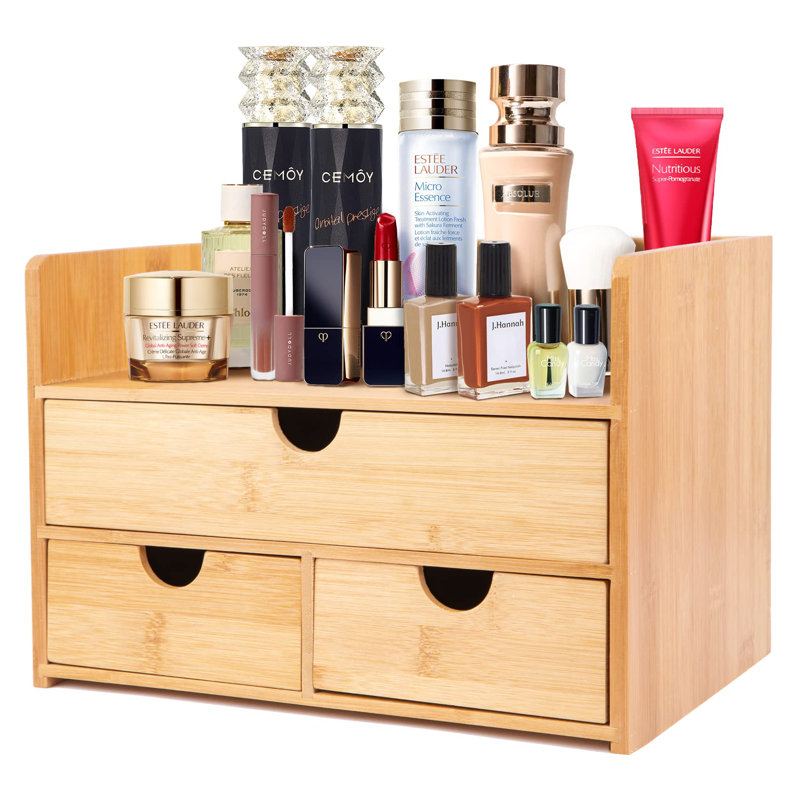 Large Natural Bamboo Makeup Organizer with Three Drawers