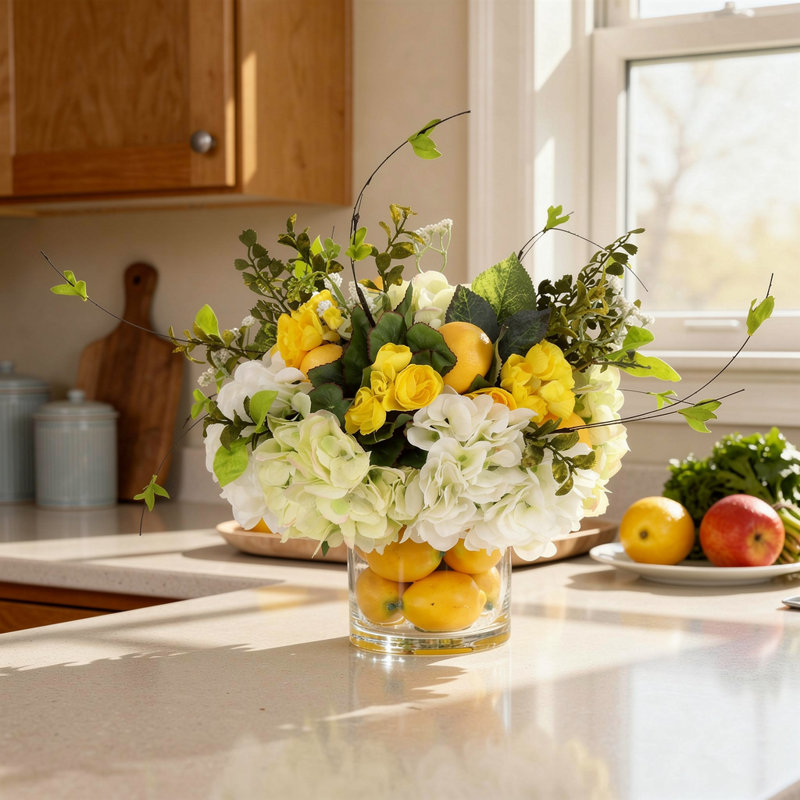 Hydrangea Florals, Kalanchoe, Berries And Lemons In A Clear Glass Vase With Realistic Looking Acrylic Water