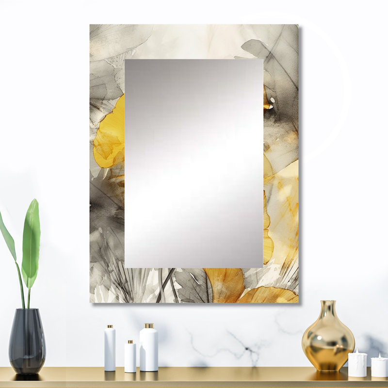 Palmier Tropical Ginkgo Artwork III - miroir décoratif palmiers, grand miroir mural jaune, impression d'art en métal