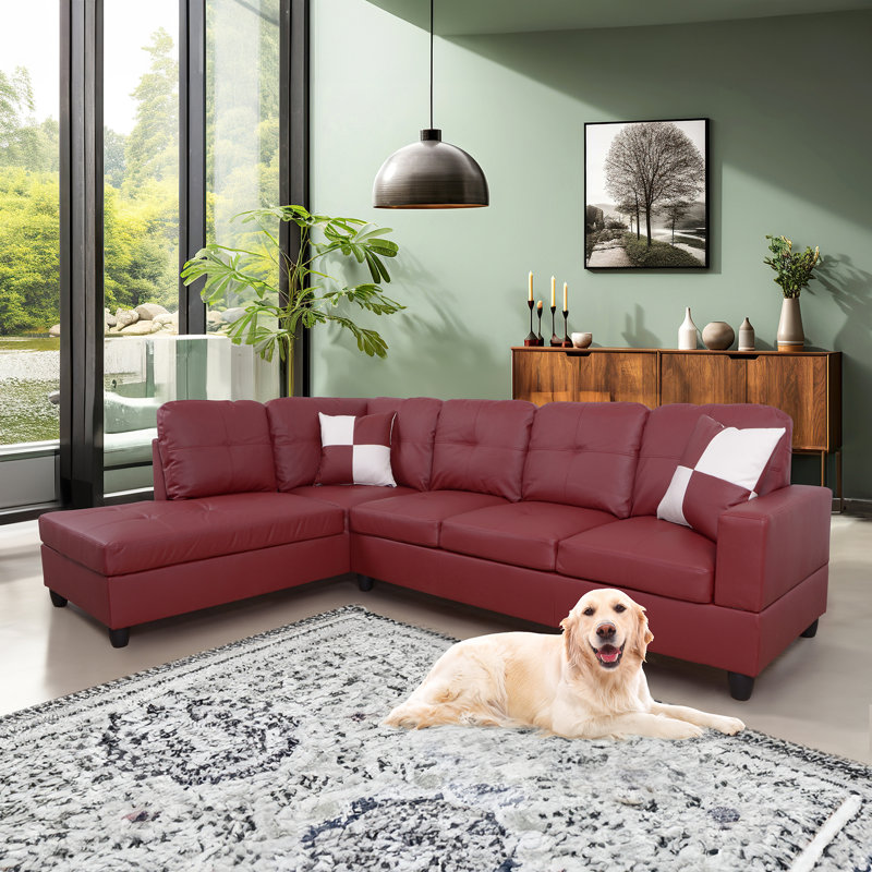 Bakos Faux Leather L-Shaped Sectional, Red Faux leather, Left Hand Facing
