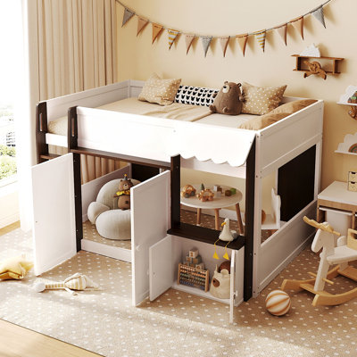 Loft House Bed with Playhouse & Storage, Modern Wood Cabin Bed