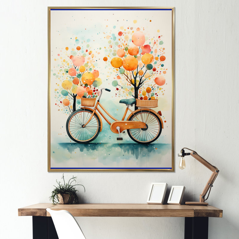 Chatia Bicycle Peaceful Rides Pointillism, reproduction d'art sur toile, Cadre flottant doré, H 32 po x l 16 po x P 1 po