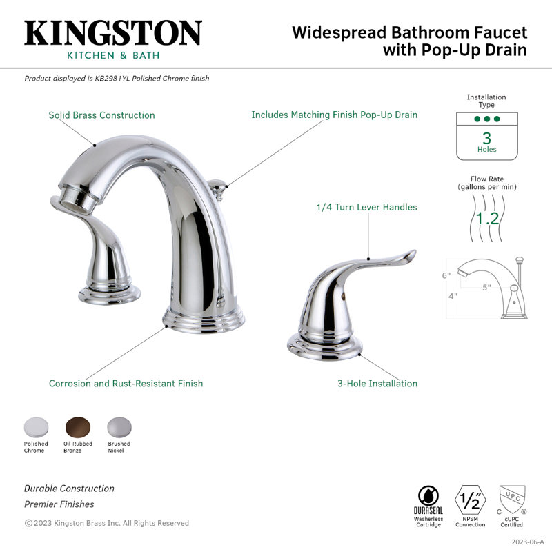 Kingston Brass Yosemite Two-Handle 3-Hole Deck Mount Widespread Bathroom Faucet with Retail Pop-Up Drain, Polished Chrome