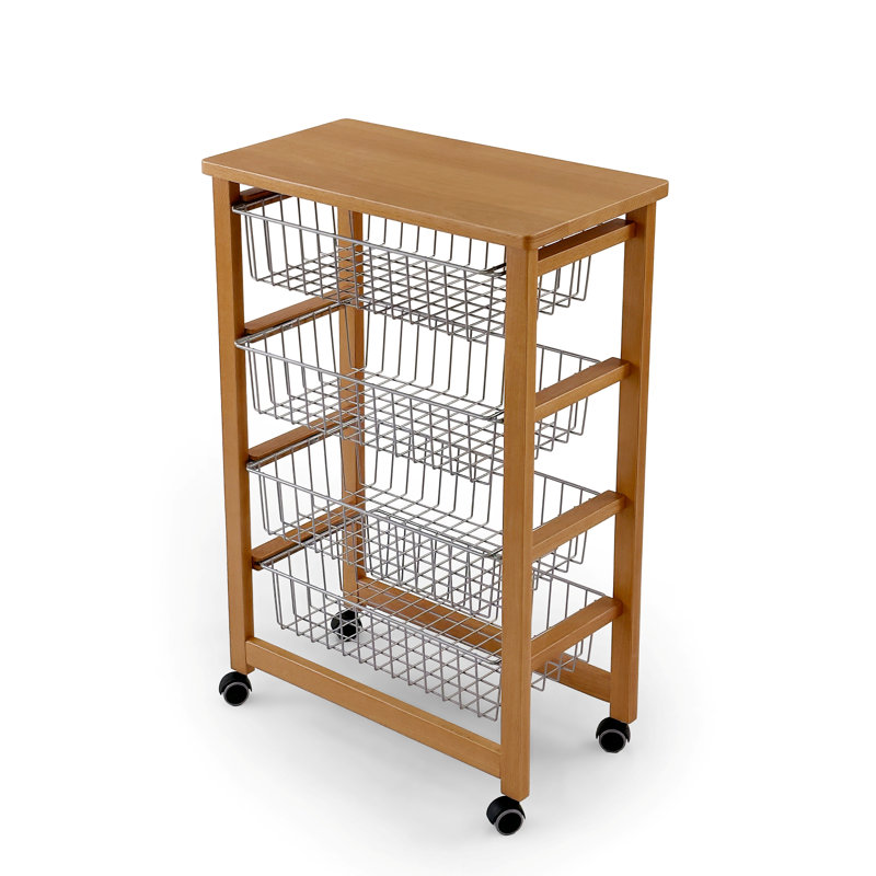 Kitchen Trolley MIKON, Kitchen Trolley With Worktop In Solid Beech, 4 Baskets  - Colour Cherry 