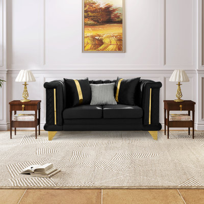 Velvet Sofa With Gold Stainless Steel Trim And Embroidered Detailing, Mid-century Modern Tufted Couch With Decorative Pillows