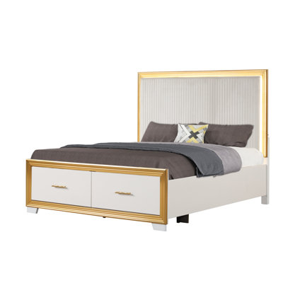 Contemporary King Bed With Led - Lit Headboard, Storage, And Wood Construction Style, Lights, Deep