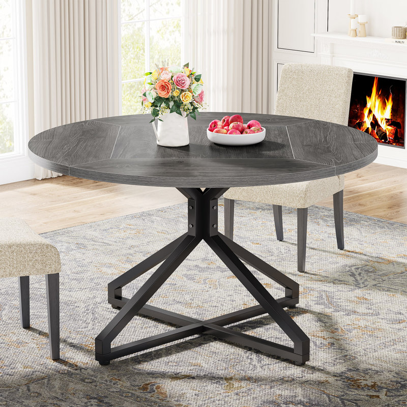 47-Inch Gray Wood Round Dining Table with Metal Pedestal Base