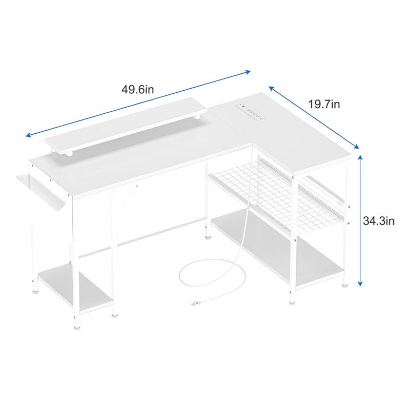 Yessenia L Shaped Computer Desk with Power Outlet & LED Light, White