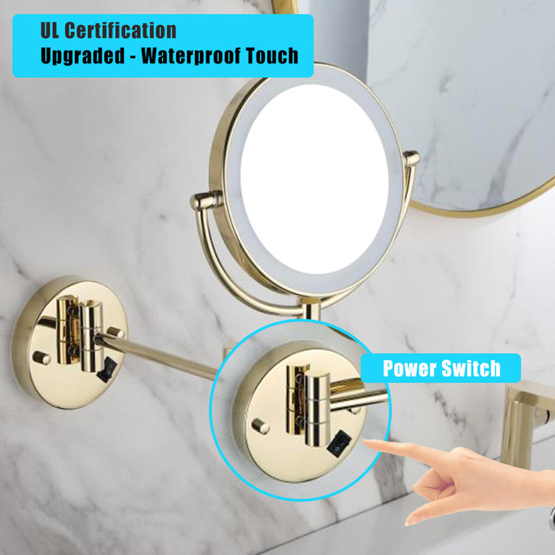 Miroir de maquillage grossissant à DEL 8 po - 12 po extensible, finition dorée, grossissement 1X / 3X, bouton rotatif à 360 °, imperméable, meuble-lavabo mural à raser prolongé, tour de degré or,