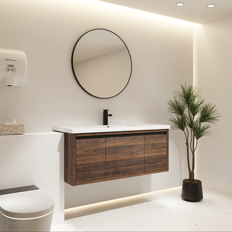 Meuble-lavabo mural 48 po avec portes à fermeture en douceur et tiroir, Noyer de Californie