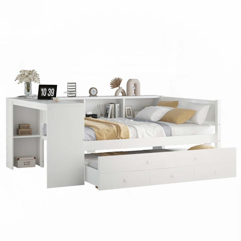 Wood Daybed with Trundle,Storage Drawers and Side Shelves, Full/Double, White