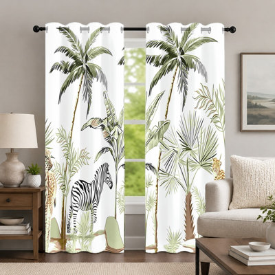 2Pcs Tropical Palm Tree and Wild Animal Print Curtains, Botanical Safari Style Curtain, Vibrant Jungle Foliage Zebra and Leopard Patterned Grommet Drapes, Window Treatment for Bedroom Living Room Decor