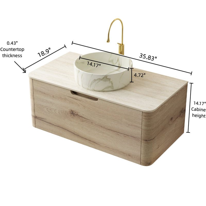 Meuble-lavabo de 36 po de largeur, armoire flottante en contreplaqué, vasque en céramique teintée, comptoir en pierre frittée, finition chêne blanc, meuble-lavabo à installation facile, tiroir de rangement, plateau, système de fermeture en douceur,