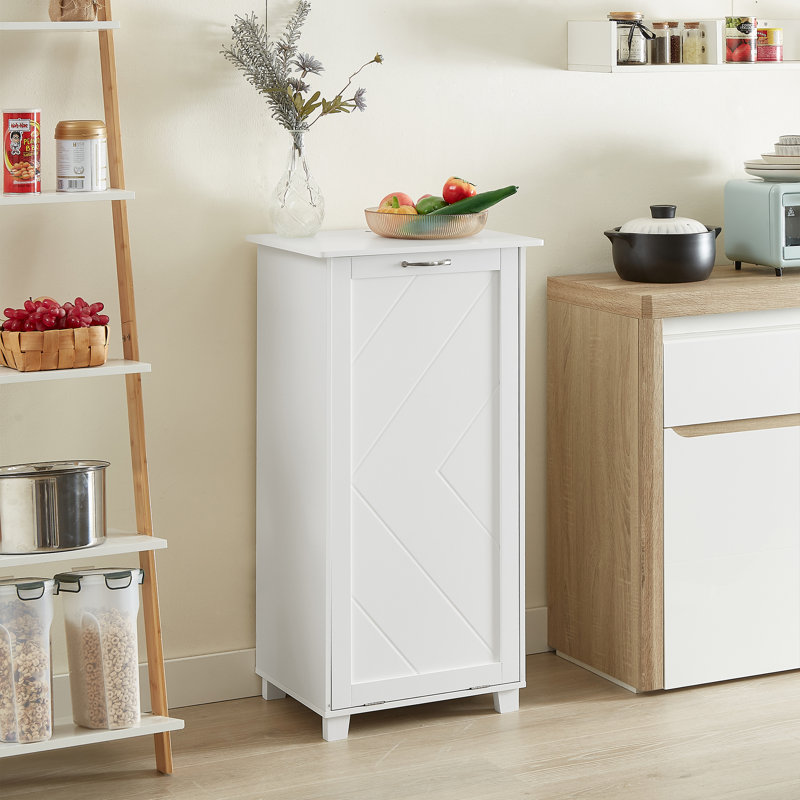 Tilt Out Trash Can Cabinet Wooden with Negative Ion and Deodorizing Kitchen Trash Bin Laundry Sorter, White