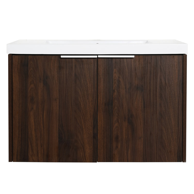 Lavabo de salle de bain, 30 po Fermeture douce moderne. Fixé au mur. Spacieux. Bassin en résine. Portes en noyer lustré, fixation, lavabo, nombreuses options de rangement,