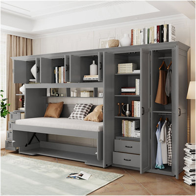 Lit escamotable simple avec garde-robe, armoire et bureau, gris