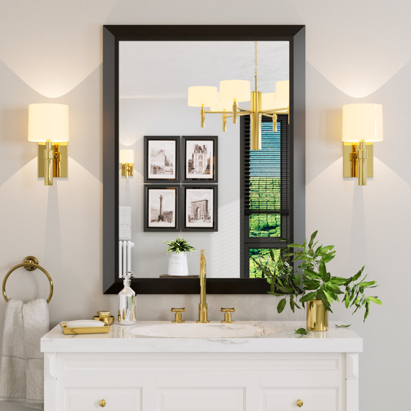 Miroir de salle de bain mural noir avec cadre en grain de bois noir et miroir en verre trempé de 4 mm, 30 po x 22 po