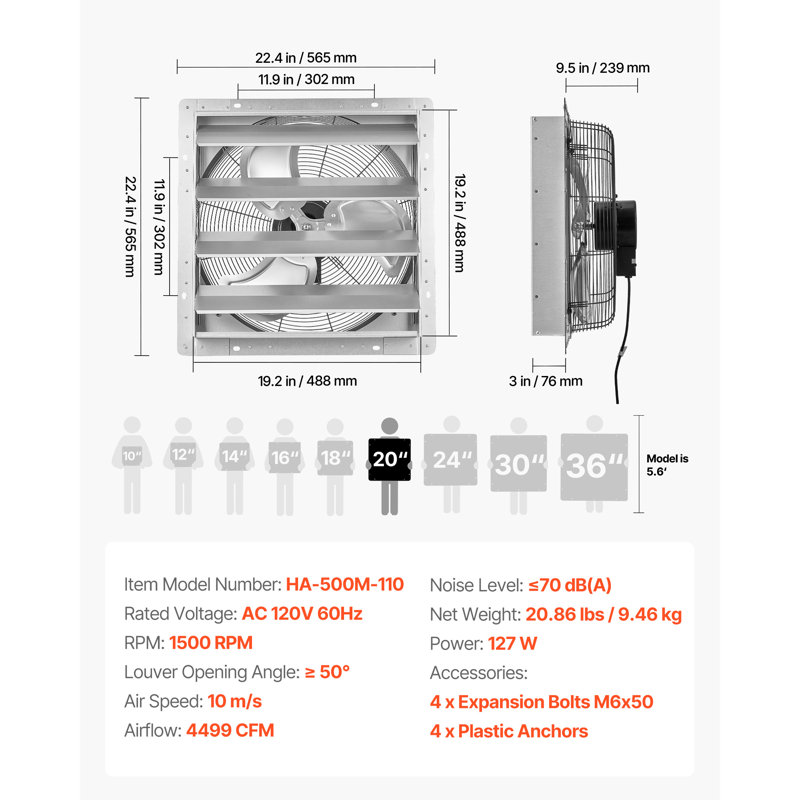 Ventilateur d'extraction mural 20 pouces à volets automatiques, argenté, débit d'air de 4499 pi³/min pour grenier, boîtier robuste en acier, faible niveau sonore, moteur à courant alternatif, idéal pour garage, grange, serre ou atelier.