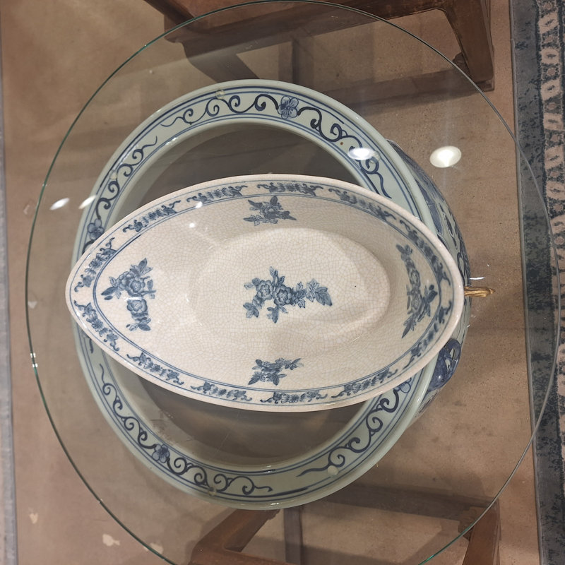 Blue White Floral Bird Oval Basin