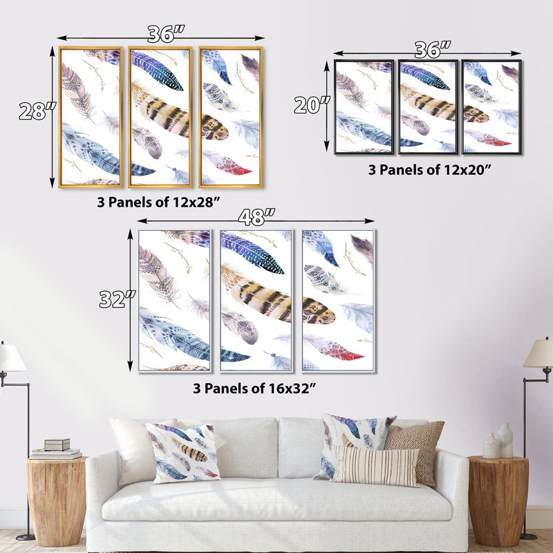 «Twirling Colorful Boho Feathers IV», reproduction sur toile flottante 3 pièces, H 20 po x l 36 po x P 1 po, Cadre blanc