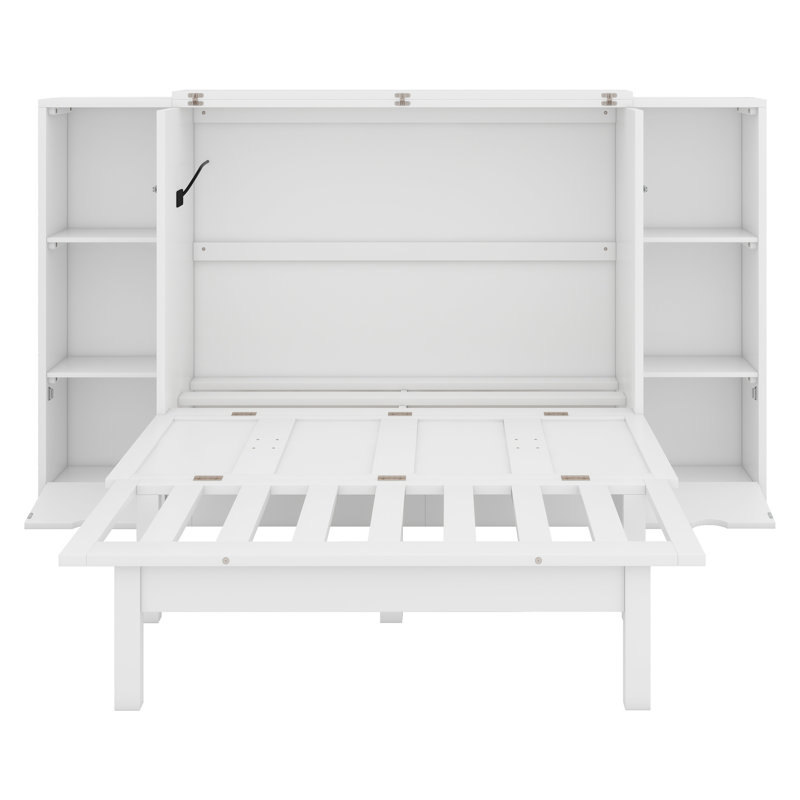 Bed Murphy Storage Bed with Shelves, Drawers and USB Ports, White, Queen