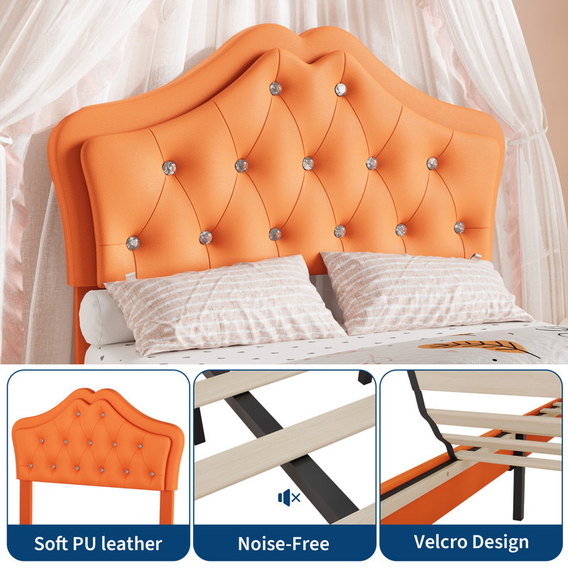 Upholstered Twin Princess Bed Frame with LED Lights & Storage Drawers - Soft Crystal Button Headboard - Noise-Free Slats - No Box Spring Needed - Orange Color