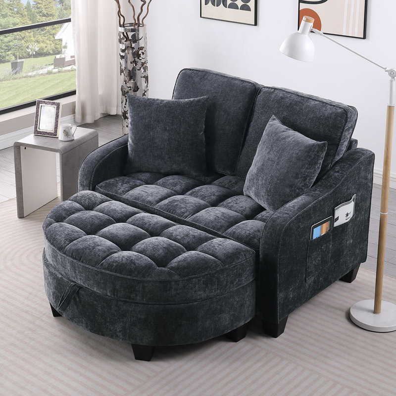 Two-Seater Sofa, Double Sofa Chaise Longue, With Irregular Armrests And Backrests, Footrest With Storage Space, Comes With Two Small Throw Pillows, Suitable For Living Room And Bedroom