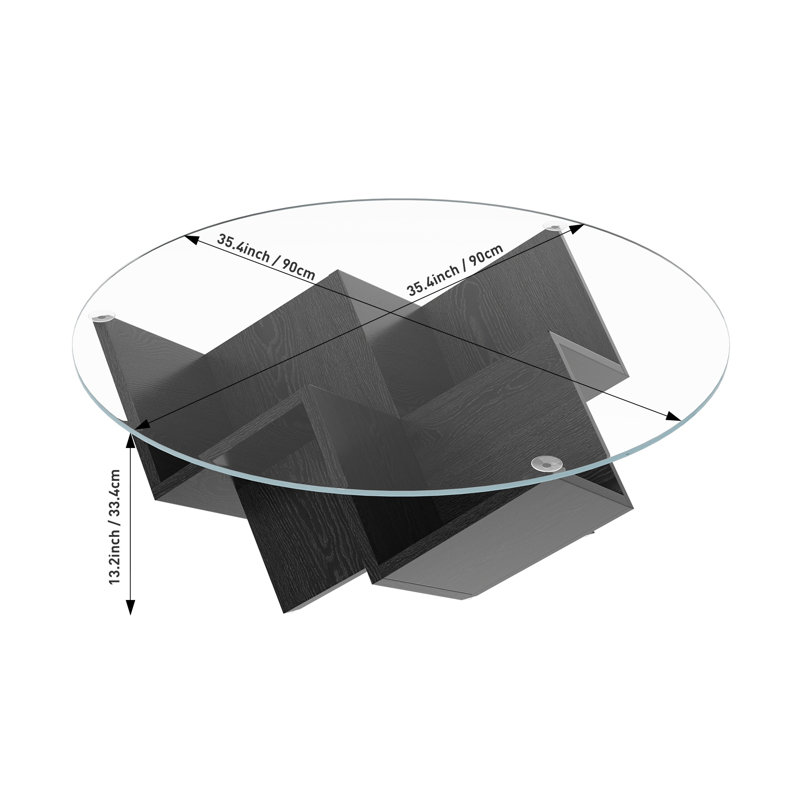 Table basse ronde avec dessus en verre et piètement géométrique Art déco, fini noir, diamètre 90 cm