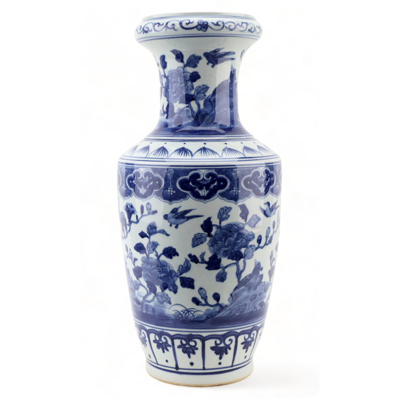 Vase rond en porcelaine bleu et blanc Sparrows H 20,38 "à motif floral et oiseaux
