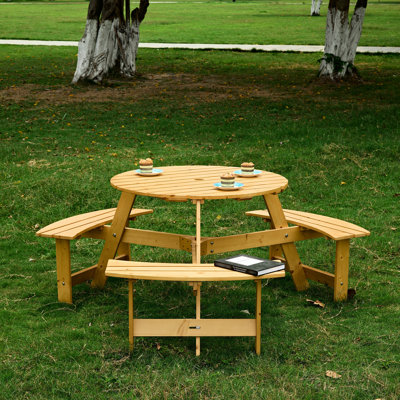 Table de pique-nique ronde pour 6 personnes avec 3 bancs - Bois naturel, trou pour parasol, mobilier d'extérieur pour un style intégré, jardin et terrasse