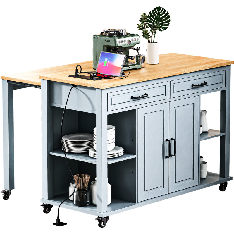 47 - Inch Kitchen Cart With Extendable Table, Rubber Wood Veneer Top, Adjustable Shelving Units, Soft Close Cabinet Hinges Shelf,